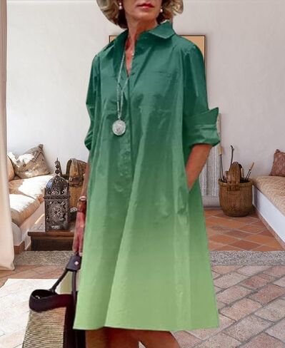 Women's Long Sleeve Shirt Dress Button Down V Neck Casual Midi Dress Printed Loose Fit Summer Dresses with Pocket in Kuwait