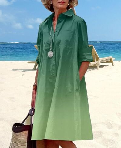 Women's Long Sleeve Shirt Dress Button Down V Neck Casual Midi Dress Printed Loose Fit Summer Dresses with Pocket in Kuwait