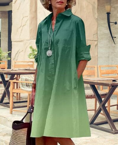 Women's Long Sleeve Shirt Dress Button Down V Neck Casual Midi Dress Printed Loose Fit Summer Dresses with Pocket in Kuwait
