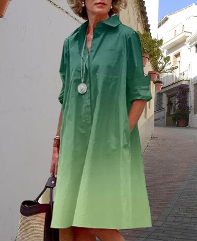 Women's Long Sleeve Shirt Dress Button Down V Neck Casual Midi Dress Printed Loose Fit Summer Dresses with Pocket in Kuwait