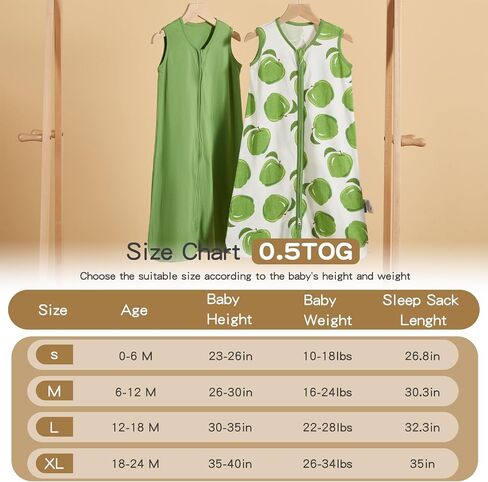 2 Pack Infant Sleep Sack 0-6 Months 100% Cotton Wearable Blanket 0.5 TOG Sleeveless Summer Sleep Sacks with 2-Way Zipper, Green Apple & Fruit Green in Saudi Arabia