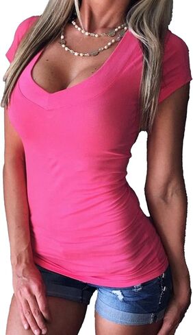 Womens Deep V Neck Simple T-Shirts Short Sleeve Solid Color Basic Cotton Tops Slim Fit Sexy Casual Tee Shirt in Saudi Arabia