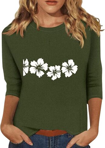 3/4 قمصان ردة للنساء الأزهار المطبوعة شاطئ العطلات قمم طاقم الرقبة 2025 TSHIRTS غير رسمية الصيف المحملات الأساسية in Kuwait