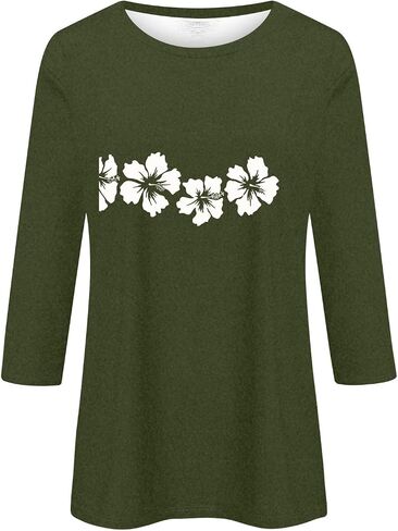 3/4 قمصان ردة للنساء الأزهار المطبوعة شاطئ العطلات قمم طاقم الرقبة 2025 TSHIRTS غير رسمية الصيف المحملات الأساسية in Kuwait