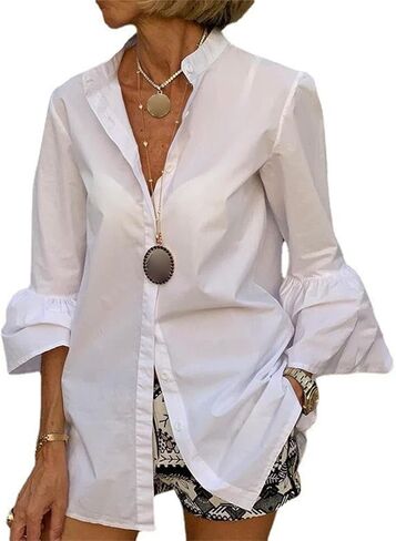 JEsilunmaMY Womens Flared Sleeve Casual Collared Shirt Sexy Button Down Dress Blouses Tops Loose Business Formal Shirts in Saudi Arabia
