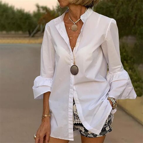 JEsilunmaMY Womens Flared Sleeve Casual Collared Shirt Sexy Button Down Dress Blouses Tops Loose Business Formal Shirts in Saudi Arabia