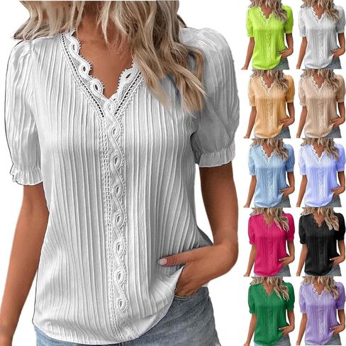Women T Shirt V Neck Short Sleeve Lace Trim Top Dressy Casual Shirts Elegant Blouse Trendy Summer Tunic Soft Tshirts in Saudi Arabia