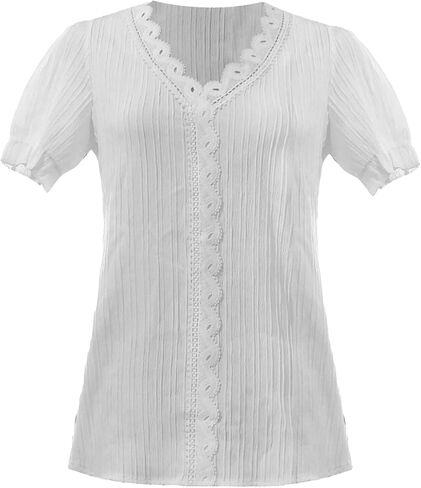 Women T Shirt V Neck Short Sleeve Lace Trim Top Dressy Casual Shirts Elegant Blouse Trendy Summer Tunic Soft Tshirts in Saudi Arabia