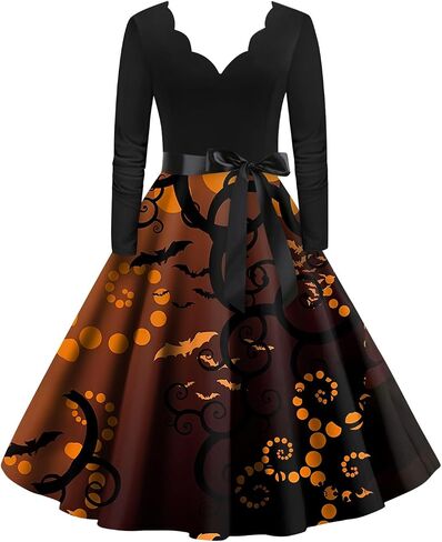 FlekmanArt Black Dresses for Women V Neck A-Line Dress Long Sleeve Halloween Fun Printed Tunic Dress Fall Dressy Dresses in Kuwait