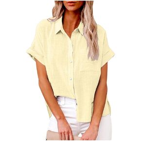 Women Cotton Linen Shirts with Pockets Casual Solid Short Sleeve Button Down Blouse Tunic Shirt Summer Tops Plus Size