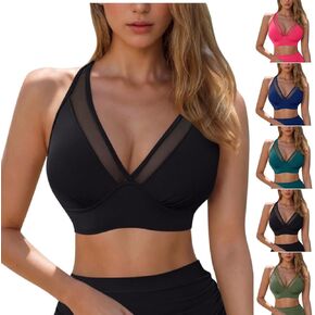 Women's Bikini Top V Neck Triangle Top Mesh Patchwork Wide Straps Padded Bathing Suit Tops Modest Swimwear No Bottoms