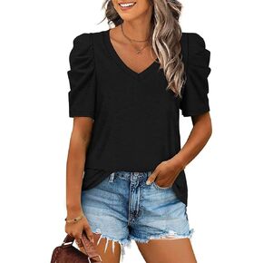 Women's Ruffle Short Sleeve Tops Summer V Neck Solid Casual Shirts 2024 Basic Trendy Blouse Clothe