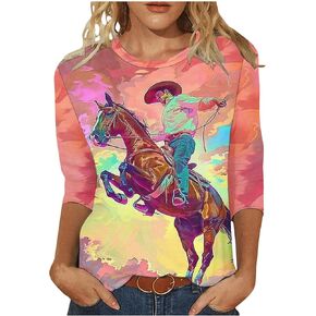 Retro Rodeo Shirt Women Cowgirl Bleached T Shirt 3/4 Sleeve Western Cowboy Rodeo Outfit Country Music Tee Tops Tunic