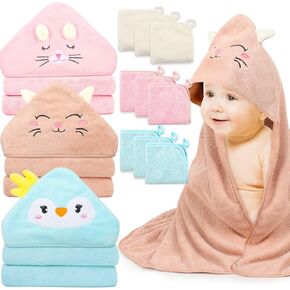 12 PCS Hooded Baby Towels, Soft Baby Towels, Absorbent Baby Bath Towels, 3 PCS Baby Towels, and 9 PCS Baby Washcloths for Newborns, Toddlers, and Kids, 32x32 in Baby Towels with Hood for Boy and Girl