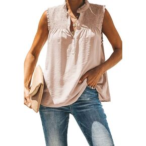 Women's Summer Ruffle Short Sleeve Tops Button Down Casual Shirts Mock Neck Loose Trendy Clothes