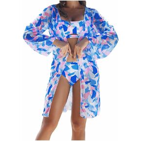 Women's Summer Bikini Kimono Bathing Suit Geometric Printed High Waist Thong Swimsuit with Cover Ups 3 Piece Set