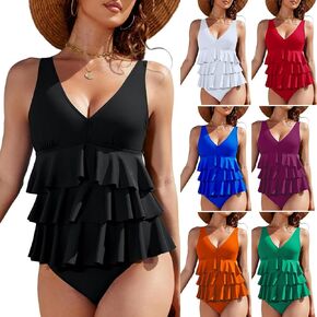 Womens Two Piece Tankini Swimsuits 3-Tiered Ruffle Flounce Top with High Waisted Bottom Swimwear Summer Bathing Suit