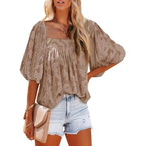 Womens Square Neck Tunic Shirts Tops Fashion Casual Textured Short Sleeve Loose Fit Bell Sleeves Ruffle Flowy T Shirts