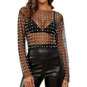 Women Pearl Rhinestone Sheer Mesh Crop Top Sexy See Through Long Sleeve Slim Fit Cropped Blouse Cover Ups for