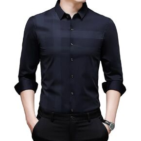 Men Plaid Wrinkle Free Dress Shirt Turn-Down Collar Button Down Business Shirts Casual Slim Fit Long Sleeve Shirts