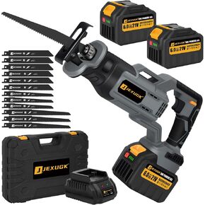 Brushless Reciprocating Saw, 21V Cordless saw saw with 2 x 6.0Ah battery, Electric Portable Sierra Recíproca with 12 Blades & LED Light, 0-3500 SPM Professional Sawsall for Wood, Metal, PVC