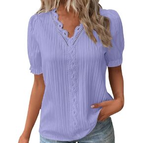 Blouses for Women Dressy Casual Short Sleeve Business Work Shirt Ladies Lace V Neck Summer Tee Tunic Tops