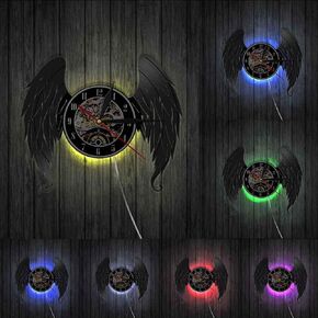 Elegant Angel Wings Home Art Decor Wall Clock Angels Vinyl Record Wall Clock Guardian Angel Baby Room Nursery Silent Wall Watch with LED, Black