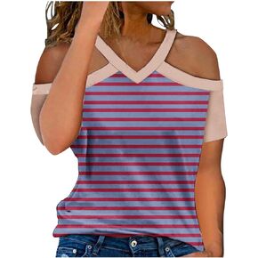 Womens Halter V Neck Cold Shoulder Tops Stripe Shirts Cut Out Shoulder Casual Gradient Tshirts Polka Dot Heart Tees