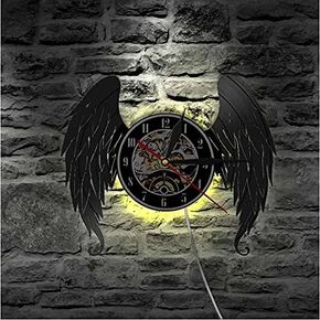 Led Night Light Elegant Angel Wings Home Art Decor Angels Vinyl Record Guardian Angel Baby Room Nursery Silent Wall Watch