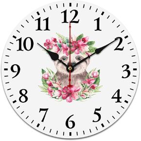 Baby Sloth with Flowers Wooden Round Wall Clock Modern Battery Operated Clocks Silent Non-Ticking Home Decor 34 * 34cm, fbhjxc453