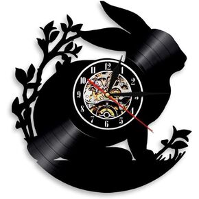 Rabbit Silhouette Wall Clock Woodland Animal Nursery Art Baby Room Vinyl Record Wall Clock Bunny Decorative Clock Kids Without LED, Black in Saudi Arabia
