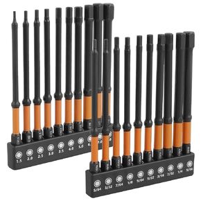 Impact 4" Long Hex Head Drill Bit Set, 20PCS Allen Wrench Hex-Shank Set, Metric&SAE, 1/4" HexBit Magnetic S2 Steel Screwdriver-Bits with Storage Box