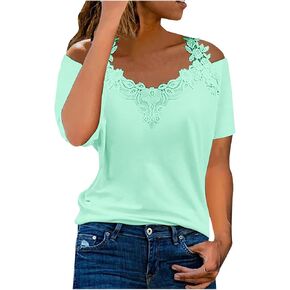 Womens Cold Shoulder Lace Trim V Neck Tops Summer Plus Size Halter Neck Short Sleeve Shirts Casual Dressy Blouse Tees