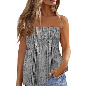 Tube Tops for Women Beach Off Shoulder Shirts Sleeveless Sexy Tops Strapless Bandeau Print Smocked Ruffled T-Shirt