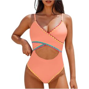 Women Sexy Wrap Push Up One Piece Swimsuit Tummy Control Bathing Suit Cutout High Waisted Monokini Colorblock Swimwear