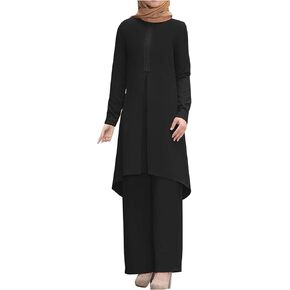 Prayer Clothes for Muslim Women 2 Piece Plus Size Sets Loose Dressy Tops Wide Leg Pants Islamic Abayas Dubai Outfits
