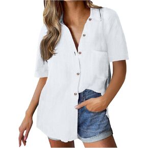 Linen Cotton Shirts for Women Button Down Casual Collar Blouse Dressy Casual Loose Fit Short Sleeve Tops with Pocket