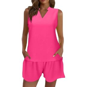 Two Piece Sets for Women Summer Lounge Sets Notched V Neck Tank Top and Shorts Pajama Set Matching Loungewear Set