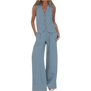 Business Casual Outfits For Women Button Down Vest And Pants Set Jumpsuits V Neck Blazer Sets Women 2 Piece Outfit