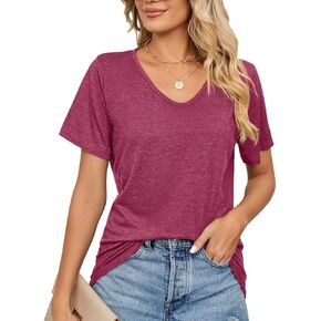 Ladies' Summer Short Sleeve Shirts V Neck Solid Color Loose T Shirts Stylish Blouses Tunic Tops