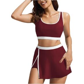 Womens Athletic Swim Skirt High Waisted Bikini Set Two Piece Tummy Control Swimsuit Scoop Neck Volleyball Bathing Suit
