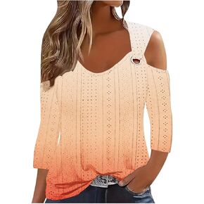 Eyelet Tops Cold Shoulder Tops for Women 3/4 Sleeve Plus Size Summer Crochet Embroidery Sexy Casual Elegant Blouse