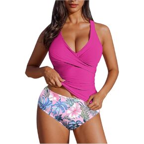 Women's Ruched Tankini Swimsuits V Neck Wrap Push Up Two Pieces Bathing Suit Tummy Control Swimwear Summer Beachwear