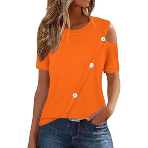 Womens Sexy Cold Shoulder Tops Casual Off Short Sleeve Open Shirts Solid Blouse Cut Out Shoulder Color Block Tshirts