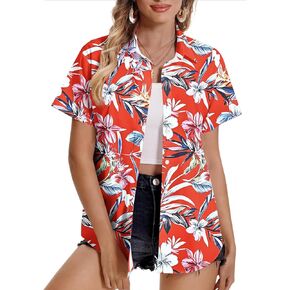 Women Hawaiian Shirt Soft Cool Summer Hawaii Tshirts Plus Size Short Sleeve Button Up Tops Tropic V Neck T-Shirt
