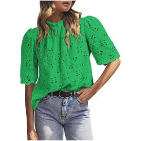 Womens Business Work Blouses Dressy Summer Eyelet Ruffle Half Sleeve Mock Neck Tshirts Loose Fit Casual Cute Tops