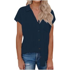 Linen Shirts for Women Button Down Short Sleeve Cotton Collared V Neck Work Business Casual Blouses with Pocket