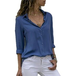 Womens Solid Color Stylish Chiffon Shirts Long Sleeve Button Down Blouse Tops Elegant Casual Comfy Shirt Workwear