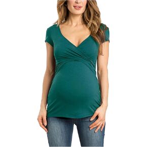 Women's Maternity Shirts Short Sleeve Pregnancy Tops Summer Blouses Casual Wrap V-Neck Ruched Pregnant Tunic Tee