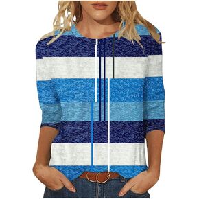 Womens Striped Tops Color Block Shirts Plus Size Casual Loose Fit Crewneck Tshirts Spring Summer 3/4 Sleeve Tees in Kuwait